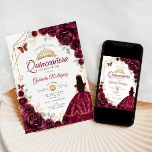 Quinceanera Burgundy Dress Floral Gold
