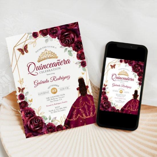 Quinceanera Burgundy Dress Floral Gold