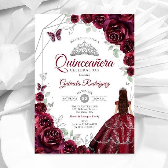 Quinceanera Burgundy Dress Floral