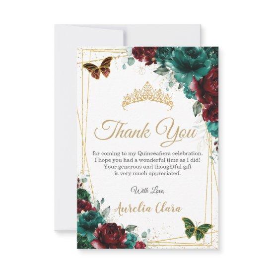 Quinceañera Burgundy Emerald Floral 16th Birthday  Thank You Card