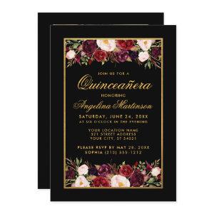 Quinceanera Burgundy Floral Black Gold Photo