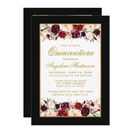 Quinceanera Burgundy Floral Black White Gold Photo