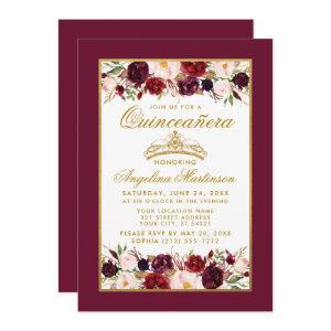 Quinceanera Burgundy Floral Crown Gold Frame