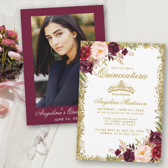 Quinceanera Burgundy Floral Crown Photo Gold