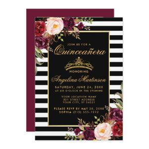 Quinceanera Burgundy Floral Crown Stripes Photo