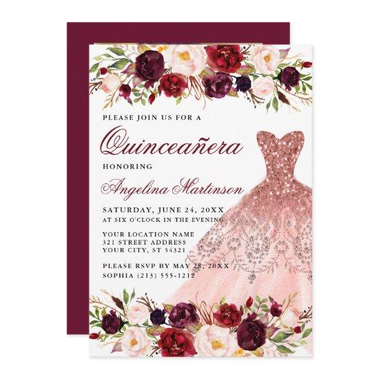 Quinceanera Burgundy Floral Dress Photo Back