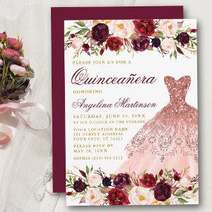 Quinceanera Burgundy Floral Glitter Dress Gold