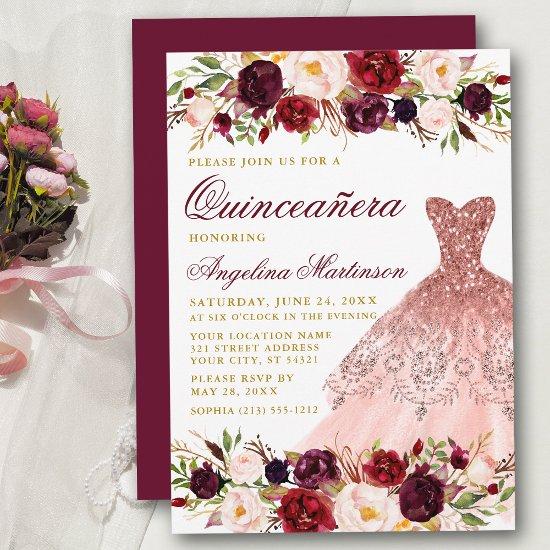 Quinceanera Burgundy Floral Glitter Dress Gold