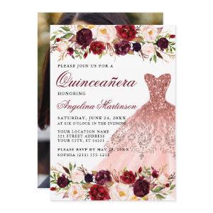 Quinceanera Burgundy Floral Glitter Dress Photo