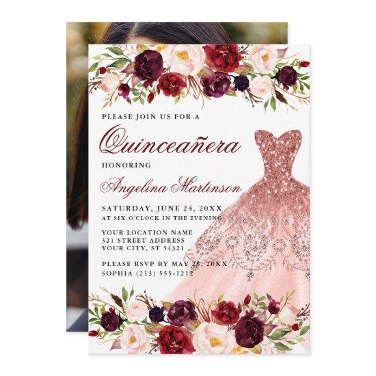 Quinceanera Burgundy Floral Glitter Dress Photo