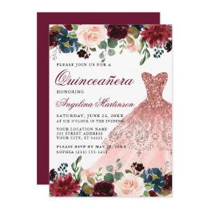 Quinceanera Burgundy Floral Glitter Pink Dress