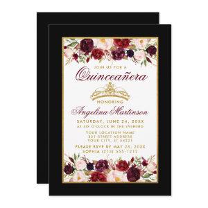 Quinceanera Burgundy Floral Gold Crown Black