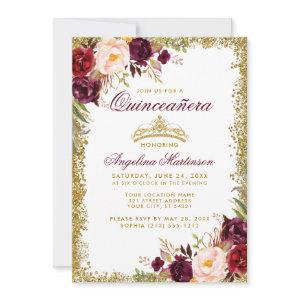 Quinceanera Burgundy Floral Gold Crown Invite