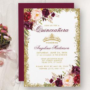 Quinceanera Burgundy Floral Gold Crown Invite B