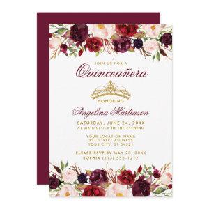 Quinceanera Burgundy Floral Gold Crown Photo