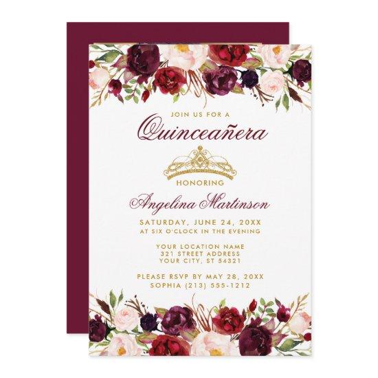 Quinceanera Burgundy Floral Gold Crown Photo