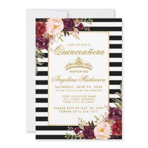 Quinceanera Burgundy Floral Gold Crown Striped