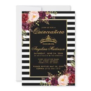Quinceanera Burgundy Floral Gold Crown Stripes