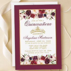 Quinceanera Burgundy Floral Gold Frame Crown