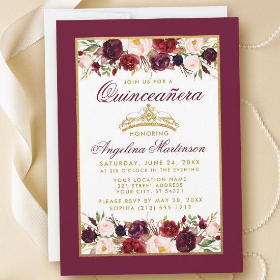 Quinceanera Burgundy Floral Gold Frame Crown