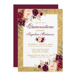 Quinceanera Burgundy Floral Gold Glitter