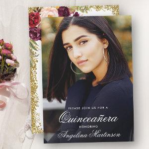 Quinceanera Burgundy Floral Gold Glitter Photo