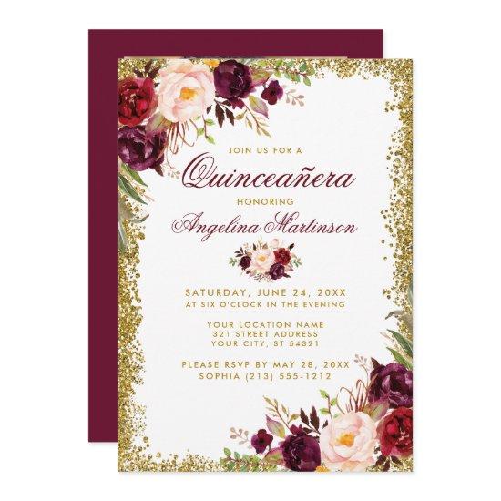 Quinceanera Burgundy Floral Gold Glitter Photo