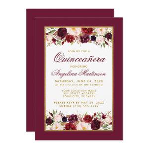 Quinceanera Burgundy Floral Gold