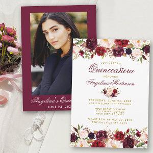 Quinceanera Burgundy Floral Gold Photo