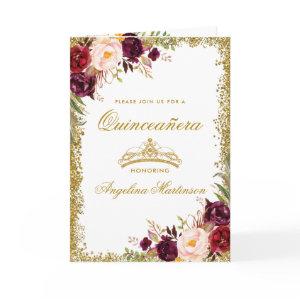 Quinceanera Burgundy Floral Photo Gold Crown Fold Card