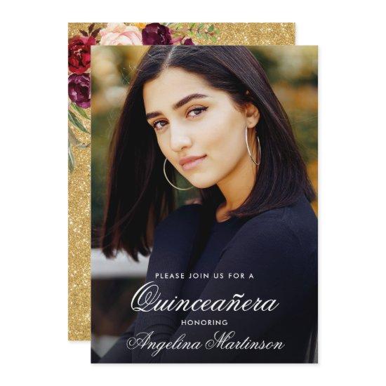 Quinceanera Burgundy Floral Photo Gold Glitter