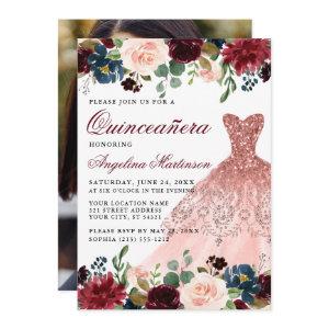Quinceanera Burgundy Floral Photo Pink Dress