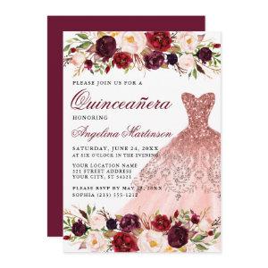 Quinceanera Burgundy Floral Pink Glitter Dress
