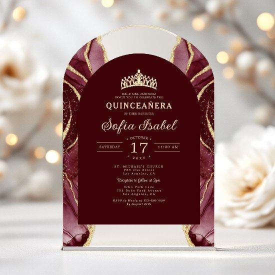 Quinceañera Burgundy Gold Agate Elegant Acrylic