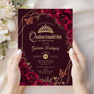 Quinceanera Burgundy Gold Floral
