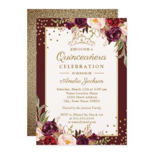 Quinceanera Burgundy Gold floral Sparkle Invite