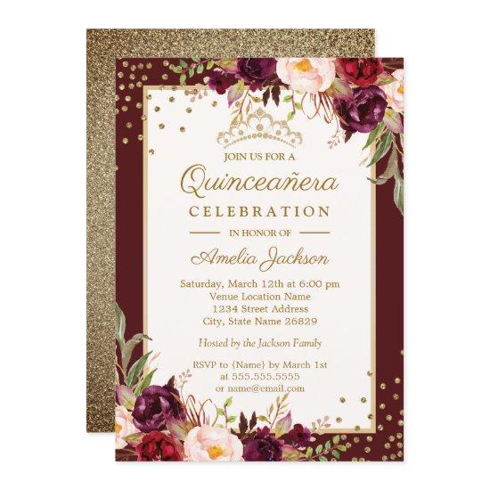Quinceanera Burgundy Gold floral Sparkle Invite