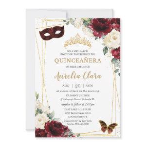 Quinceañera Burgundy Ivory Floral Butterflies Mask
