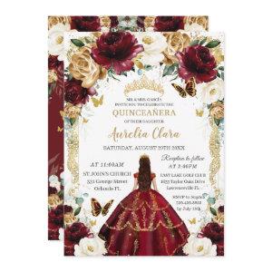 Quinceañera Burgundy Ivory Floral Vintage Gold