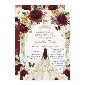Quinceañera Burgundy Ivory Gold Floral Girl Dress