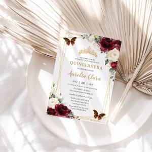 Quinceañera Burgundy Ivory White Floral Butterfly
