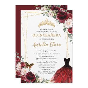 Quinceañera Burgundy Pink Floral Princess Gown