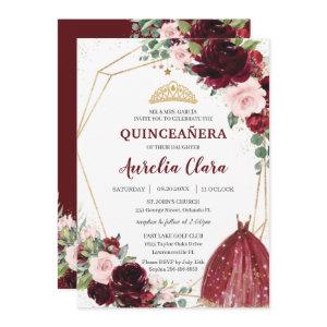 Quinceañera Burgundy Pink Floral Roses Ball Gown
