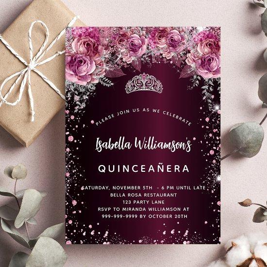 Quinceanera burgundy pink floral tiara  postcard