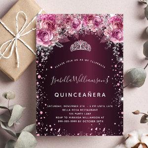 Quinceanera burgundy pink glitter floral tiara