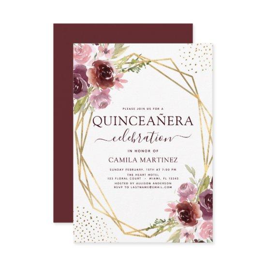 Quinceanera Burgundy Pink Modern Geometric Floral