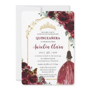 Quinceañera Burgundy Red Floral Gold Princess Arch