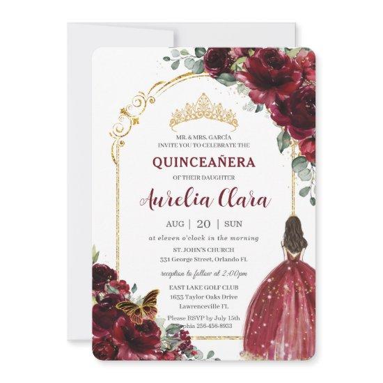 Quinceañera Burgundy Red Floral Gold Princess Arch
