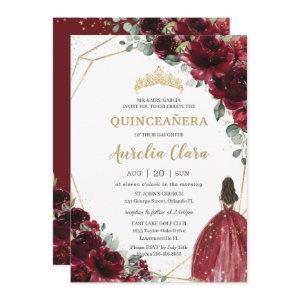 Quinceañera Burgundy Red Floral Gold Princess