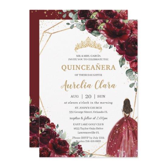 Quinceañera Burgundy Red Floral Gold Princess
